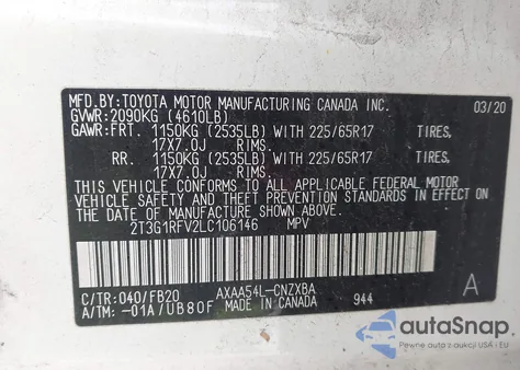 2020 Toyota Rav4 Le из США, поврежденный, VIN 2T3G1RFV2LC106146